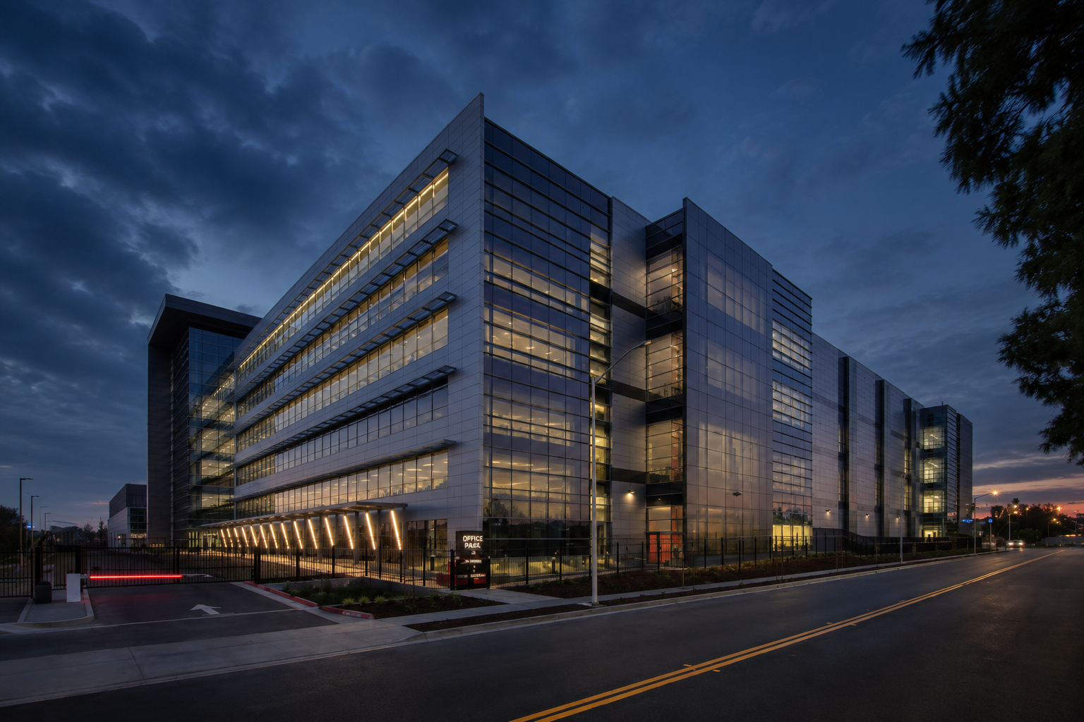 Modern Housing Association office building at dusk