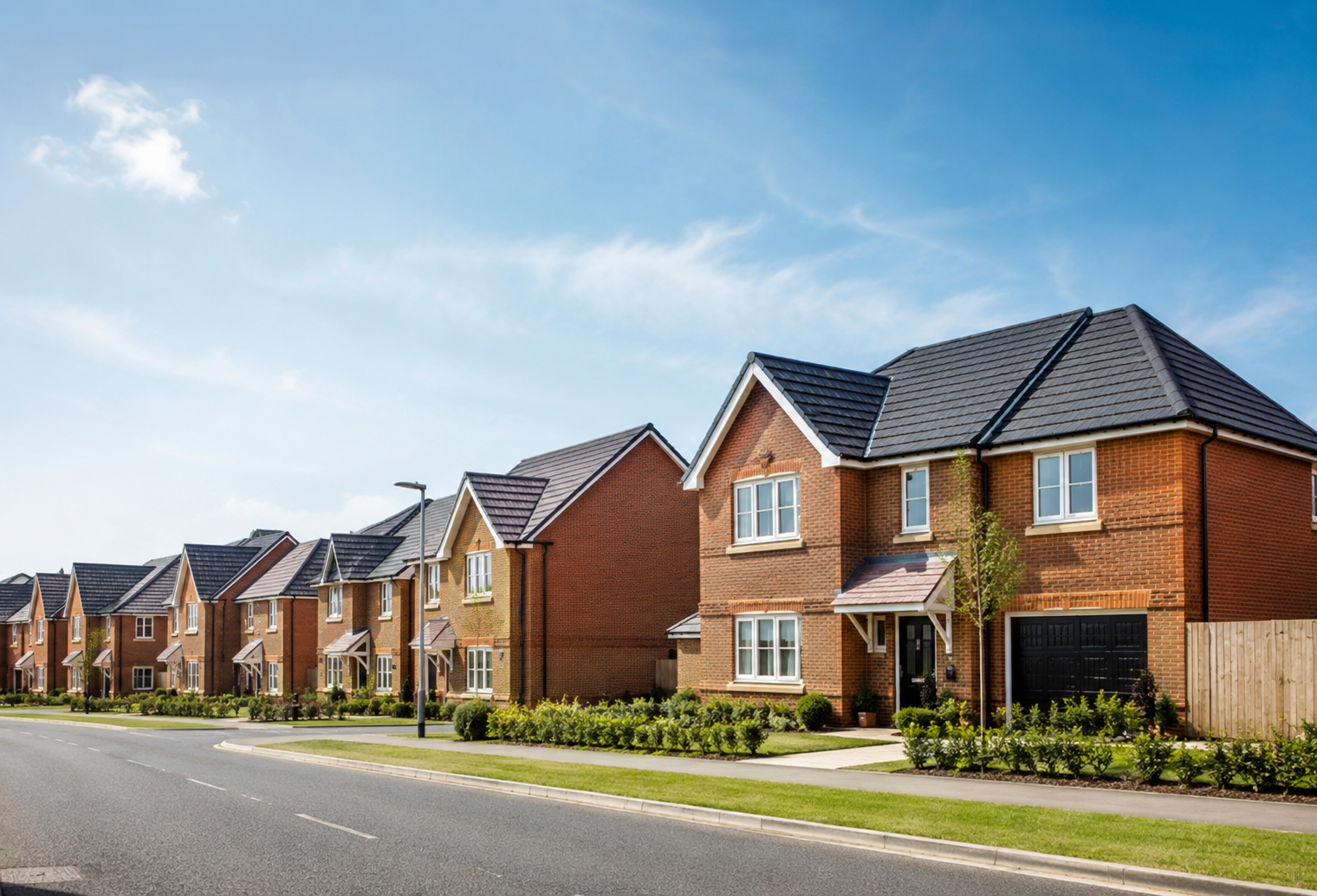Row of new-build shared ownership homes on a sunny day